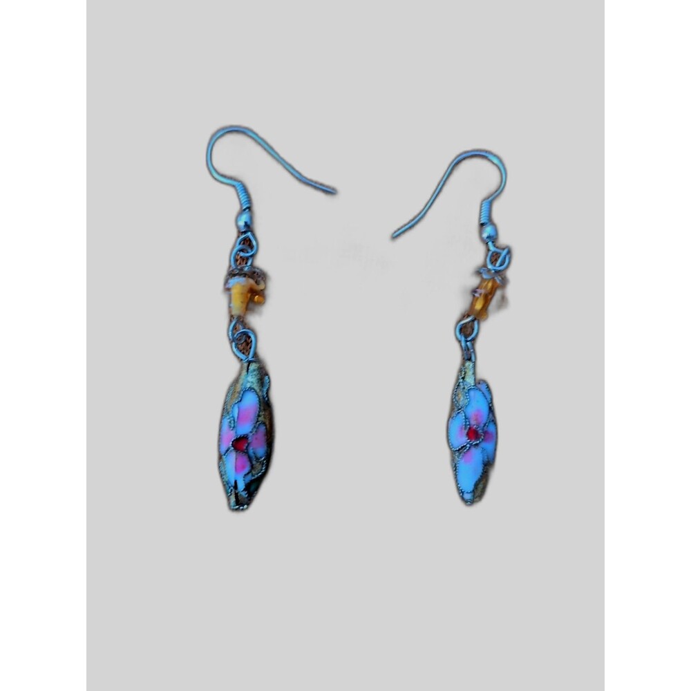 Vintage Cloisonne Silver Earrings, Pink Gold Flower Earrings Fish Hook
